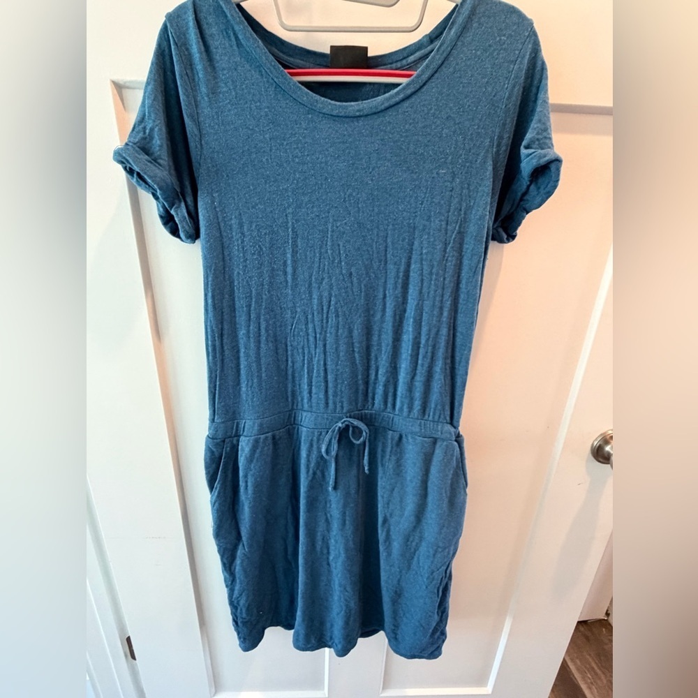 32 Degrees Cool Teal Blue Drawstring Waist T-Shirt Dress Pockets Short Sleeve M
